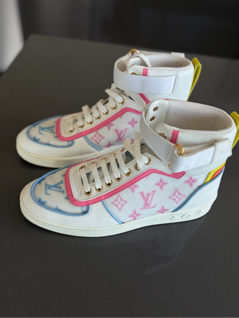 Louis Vuitton Kids White High-Top Sneakers with Pink, Blue & Yellow Accents